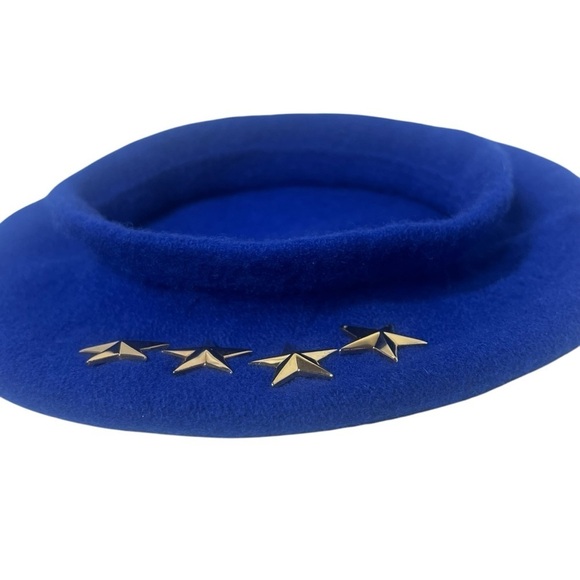 VTG Wool Blend Beret Hat Royal Blue Gold Stars Women's Hat Size Small - Picture 10 of 16
